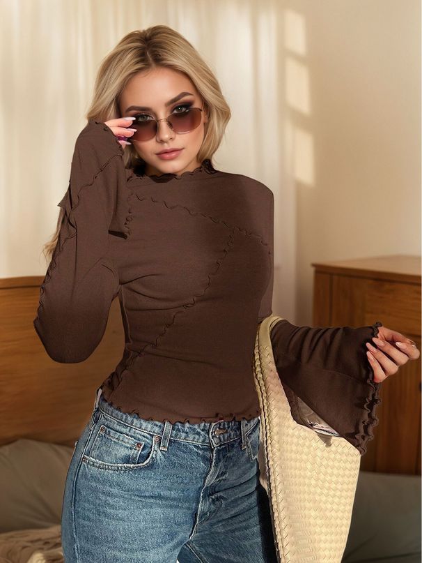 Voya Women's Clothing Hot New Sexy Slim Fit Small High Neck With Black Fungus Edge Long Sleeved Trumpet Sleeve Sexy Top_ecoleips.com