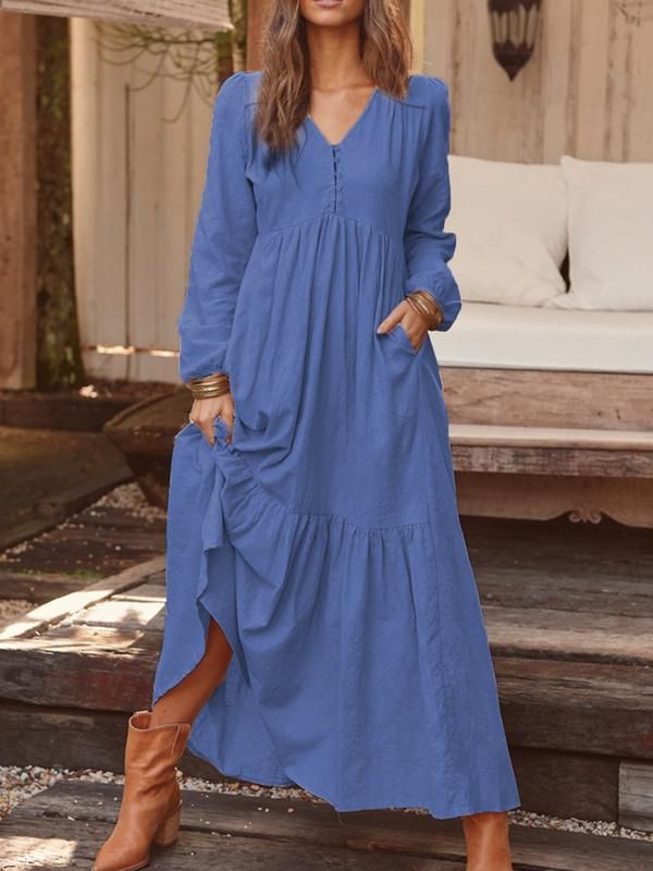 Women's Buttoned Cotton Linen Dress Autumn/Winter European And American Style Casual Long Sleeve Full Skirt Multiple Colors Outlet Clothing_ecoleips.com