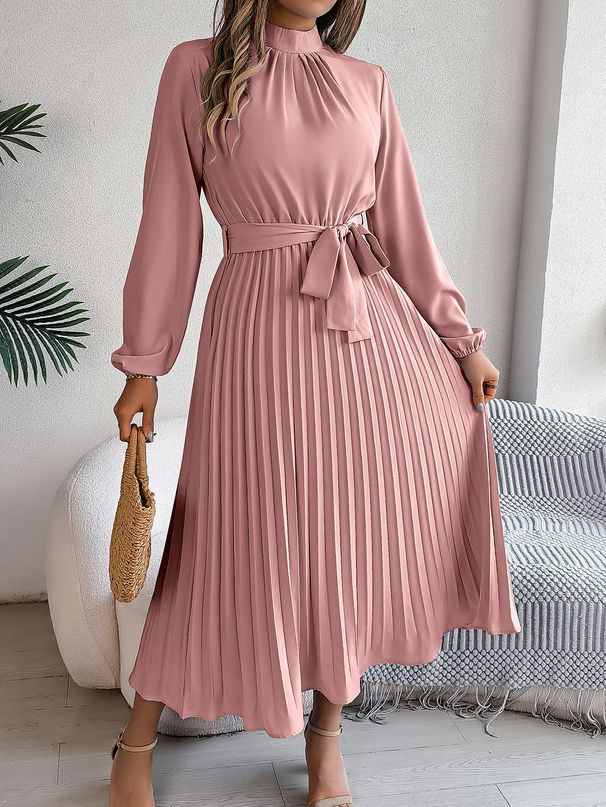 Women's Clothing autumn and winter elegant stand up collar long sleeve waist pleated long skirt small dress _ecoleips.com