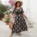 Women's Clothing Retro Square Neck Print Large Size Short Sleeve Dress_ecoleips.com