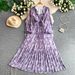 Women's French Style Elegant V Neck Dress Summer Slimming Flattering Lantern Sleeve Pleated Hem_ecoleips.com