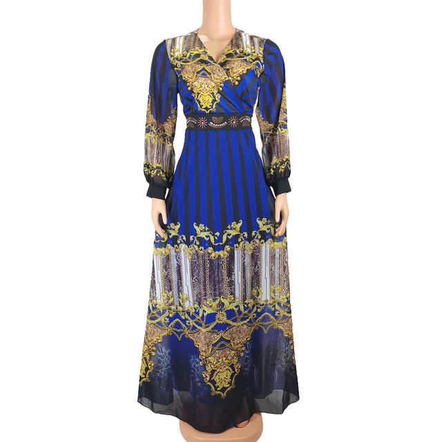 Women's Striped Clothing Printed Set Waist-Cinching Outerwear Muslim Robe Evening Dress_ecoleips.com