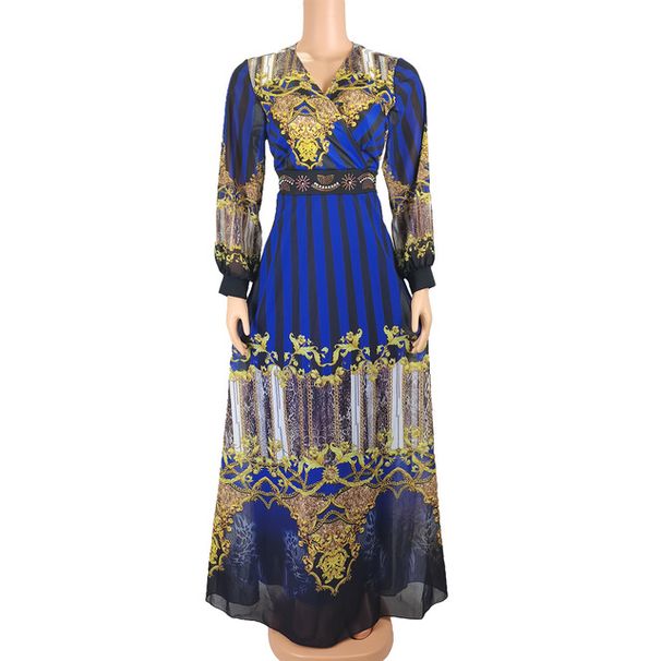 Women's Striped Clothing Printed Set Waist-Cinching Outerwear Muslim Robe Evening Dress_ecoleips.com