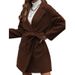 Women's Clothing Long Sleeve Lapel Button Front Belted Split Hem Coat - Casual Loose Fit Trench Style Outerwear In Brown/Black/White/Khaki_ecoleips.com
