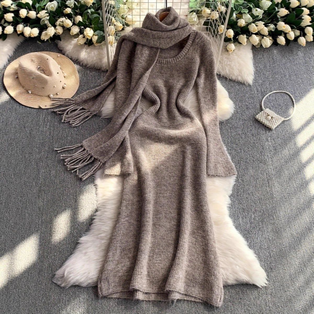 Women's Clothing Elegant Knit Sweater Dress With Bell Sleeves, Loose Fit Long Tunic Dress For Women, Autumn Winter Casual Boho Chic Style, Beige_ecoleips.com
