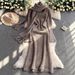 Women's Clothing Elegant Knit Sweater Dress With Bell Sleeves, Loose Fit Long Tunic Dress For Women, Autumn Winter Casual Boho Chic Style, Beige_ecoleips.com