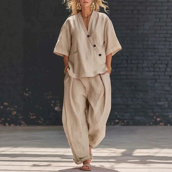 Women's Solid Color Two Piece Set V Neck Short Sleeve Top & High Waisted Trousers Casual American Style Pant Suit_ecoleips.com