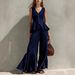 Women's Linen Ruffled Wide Leg Pants V Neck Button Up Top Resort Fashion Set New_ecoleips.com