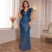 Fat Woman Deep V Neck Sequined Evening Dress European American Style Slim Fit Long Party Dress for Banquet Temperament_ecoleips.com