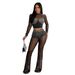 Elegant Mesh & Rhinestone Women's Two-Piece Set | Long Sleeve Top + Wide Leg Pants | Solid Color Stretch Knit (S-XXL) | Korean Fabric_ecoleips.com