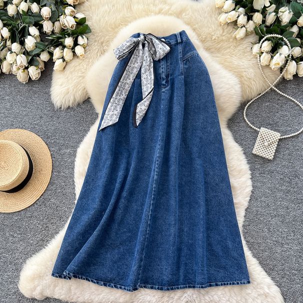 Vintage Denim A-Line Midi Skirt For Women, High Waist Flowy Boho Skirt, Retro Casual Chiffon Scarf Print Style_ecoleips.com
