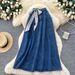 Vintage Denim A-Line Midi Skirt For Women, High Waist Flowy Boho Skirt, Retro Casual Chiffon Scarf Print Style_ecoleips.com