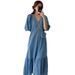 Korean Chic Summer Retro V Neck Faux Denim Dress For Women Casual Loose Fit With Ruffle Short Sleeves_ecoleips.com