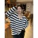 Lazy Style Korean Contrast Striped V-Neck Sweater Women's Autumn And Winter Small Long Sleeves Loose Special Yarn Knitwe_ecoleips.com