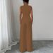 Elegant Solid Color Vest & Straight Pants Set - Polyester, Sleeveless, Button Detailing, Beige/Brown, S-XL"_ecoleips.com