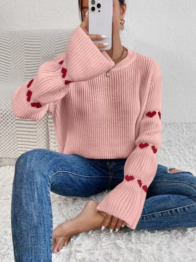 Cozy Striped Knit Sweater With Heart Elbow Detail – Oversized Round Neck Pullover For Women, Soft Acrylic Long Sleeve Top_ecoleips.com