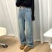 Women's Clothing Plush Warm Straight Jeans Thick High Waist Narrow Version Wide Leg Trousers_ecoleips.com