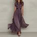 Women's V Neck Full Skirt Dress Casual Elegant Waist Cinching Ruffle American Style Spring Summer_ecoleips.com