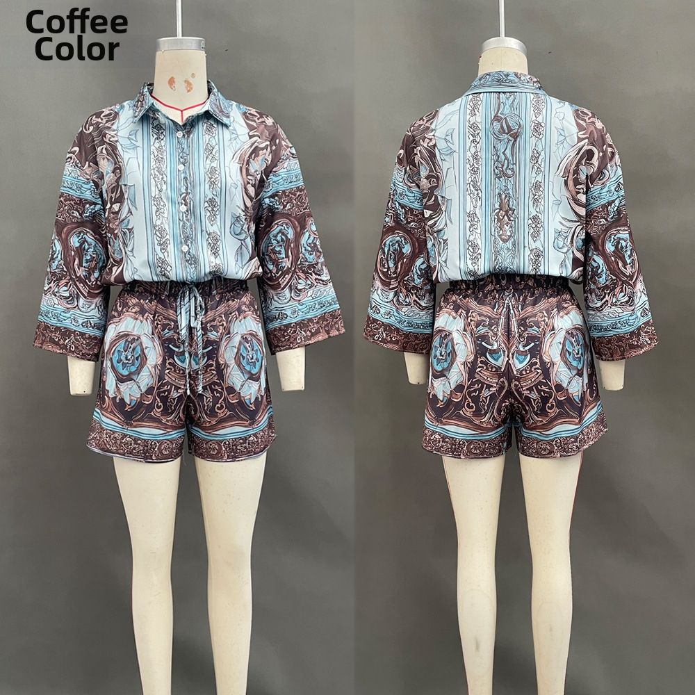 Women's Printed Long Sleeved Shorts Set Casual Two Piece Spring Summer Fashion_ecoleips.com