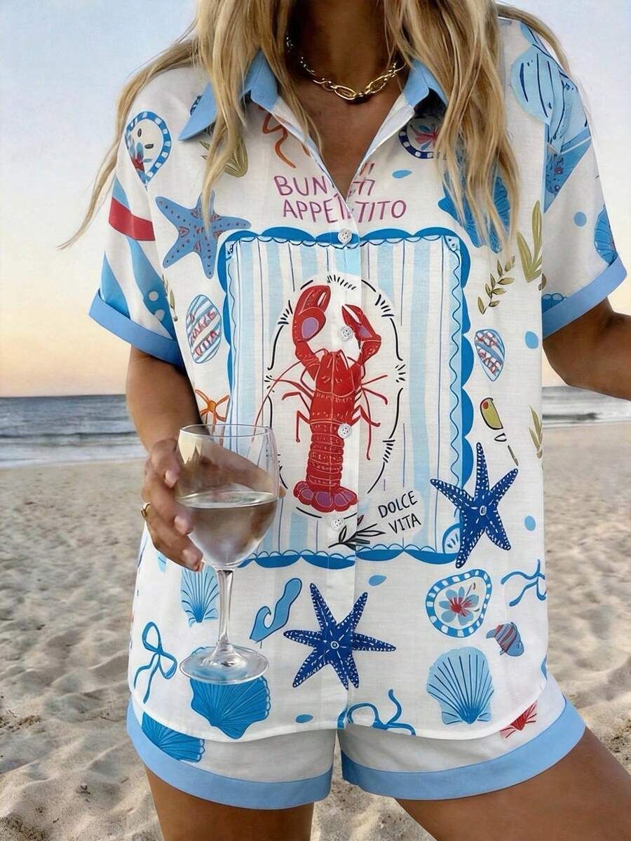 Women's Summer Resort Style Short Sleeve Printed Shirt And Shorts Set Collared Top_ecoleips.com
