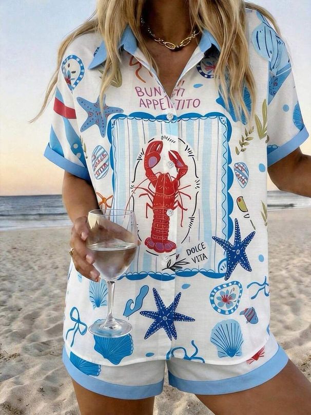Women's Summer Resort Style Short Sleeve Printed Shirt And Shorts Set Collared Top_ecoleips.com