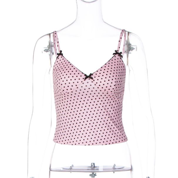 European And American Fashion Polka Dot Suspender Women's 2026 Summer New Spice Girl Deep V Bow Sleeveless Slim-fitting Top_ecoleips.com