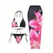 Women's Sexy Lily Print Bikini Cover up Jacket Three Piece Set European American Style Swimsuit Wire Free Chest Pad Regular Size_ecoleips.com