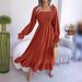 Real Shot Of 2026 Spring/Summer European And American Casual Square-neck Bell-sleeve Long Dress With Large Ruffles,_ecoleips.com