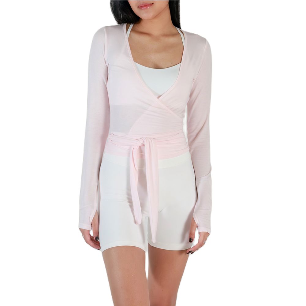 Women Sexy Wrap Crop Tops Tees Long Sleeve Deep V Neck Tie Workout Ballet Pilates Yoga T-Shirts With Thumb Holes Cropped Tops_ecoleips.com