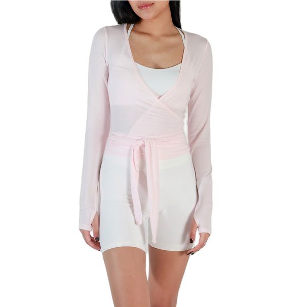 Women Sexy Wrap Crop Tops Tees Long Sleeve Deep V Neck Tie Workout Ballet Pilates Yoga T-Shirts With Thumb Holes Cropped Tops_ecoleips.com