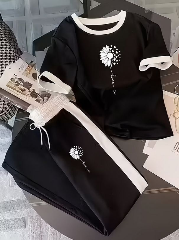 Women's Personalized Printed Clothing Set Short Sleeved Crew Neck Top And Loose Sweatpants 8002_ecoleips.com