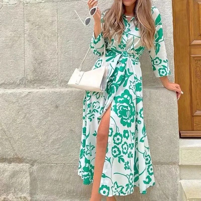 Women's Temperament Elegant Print Lace-Up Lapel Long Sleeve Slit Spring Dress Women_ecoleips.com