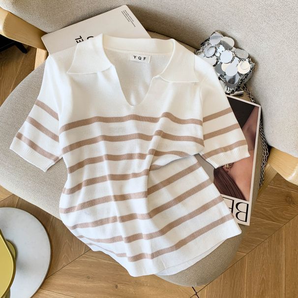 Korean Style Striped V Neck Short Sleeved T Shirt Ice Silk Knit Top for Women New 2026 Summer Real Photos_ecoleips.com