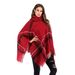 Cape Sweater – Asymmetrical Fringe Poncho With High Neck (Oversized Batwing Sleeves, Red/Black Plaid)"_ecoleips.com