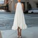 Summer Simple Solid Color Fluffy Dress Casual Hanging Neck Hollow Sleeveless Banquet Dress Vacation Pleated Loose Long Dresses_ecoleips.com