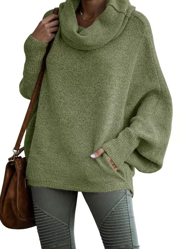 Women’s High Neck Knit Sweater – Oversized Batwing Sleeve Pullover (Solid Colors, Cotton Blend, Casual Loose Fit, Streetwear Chic)_ecoleips.com