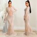 Women's nightclub style sexy hot diamond mesh see-through long-sleeved long skirt dress for women_ecoleips.com