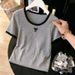 Grey Bow Tie Short Sleeved T-Shirt For Women Summer Slim Fit U Neck Low Neck Knit Short Style Top_ecoleips.com