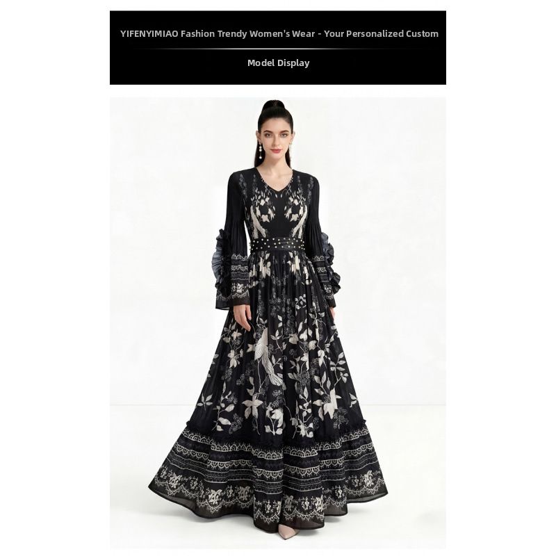 Women's Clothing Retro Print Dress With Flared Sleeves Long Sleeves V Neck Beaded Waist Cinching Slimming A Line Skirt For Women_ecoleips.com