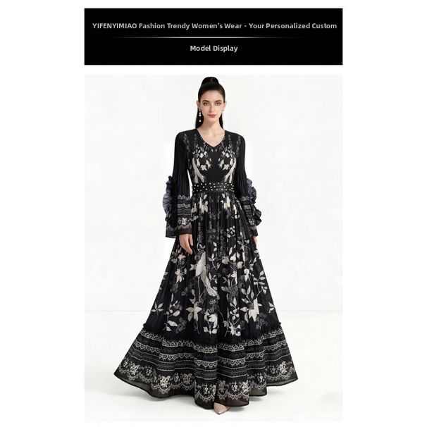Women's Clothing Retro Print Dress With Flared Sleeves Long Sleeves V Neck Beaded Waist Cinching Slimming A Line Skirt For Women_ecoleips.com