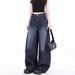 American-style Baggy Curved Silhouette Jeans For Women, Niche Washed Blue Trendy Wide-leg Banana Pants_ecoleips.com