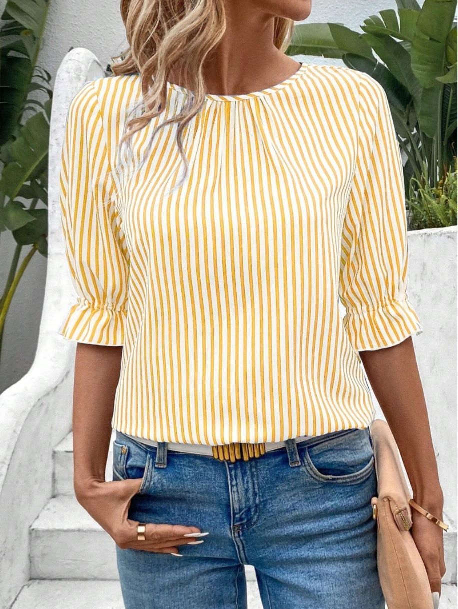 Women's Clothing New Fashion Blue Striped Button Design Shirt Top_ecoleips.com