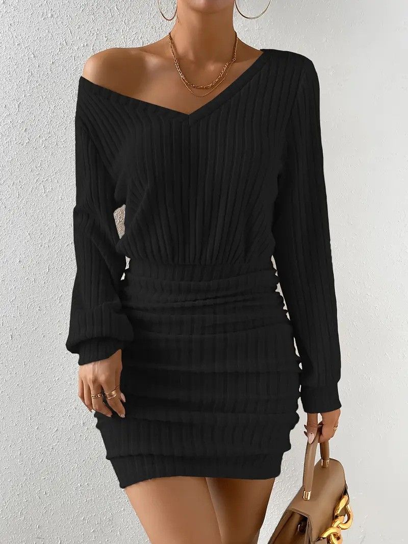 Ribbed Velvet Bodycon Dress – V-Neck Long Sleeve Wrap Waist Mini Dress In Black & Beige_ecoleips.com