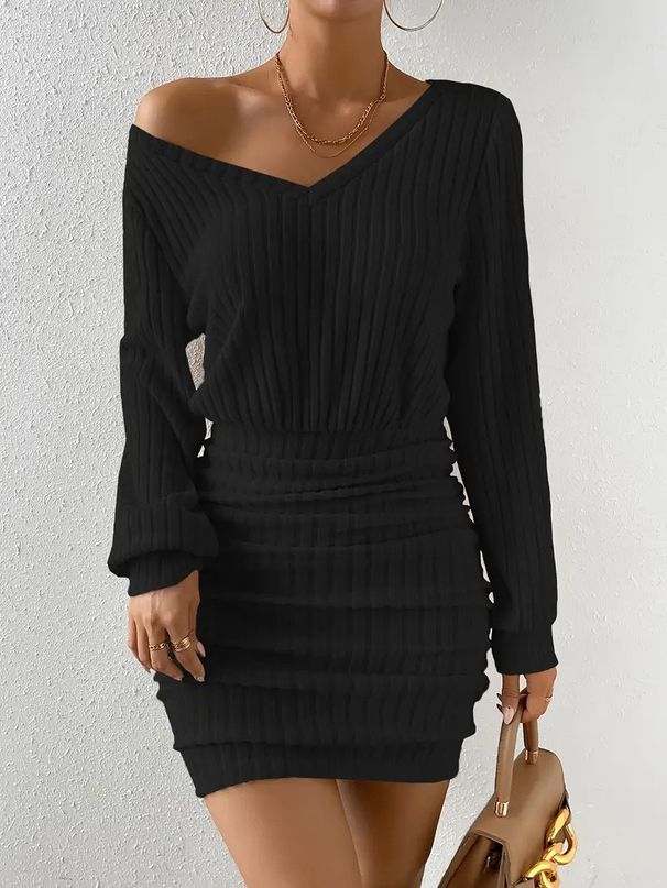 Ribbed Velvet Bodycon Dress – V-Neck Long Sleeve Wrap Waist Mini Dress In Black & Beige_ecoleips.com