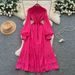 French Court-Style Lace Dress For Women – Elegant High-Waist A-Line Long Dress With Single-Button Closure (7 Colors, S-XXL)_ecoleips.com