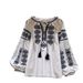 Women's Bohemian Style Long Sleeved Shirt Heavy Duty Embroidered Loose Fitting Tie Waist Lantern Sleeve Top For Commuting_ecoleips.com