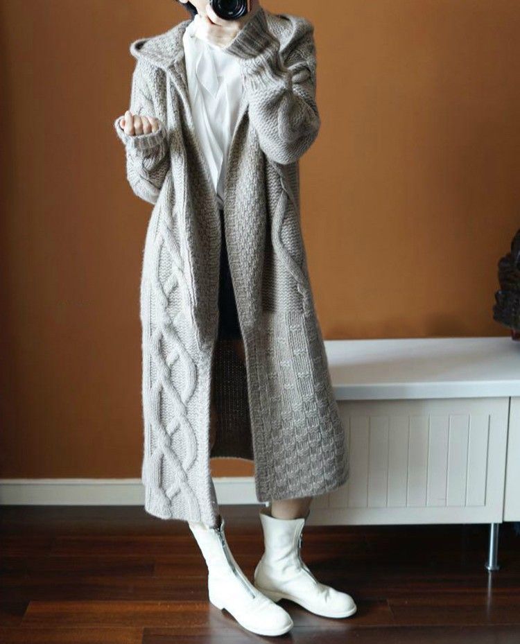 Korean Style Oversized Hooded Cardigan For Women - Cozy Long Loose Fit Cable Knit Sweater_ecoleips.com