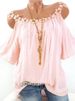 Women's Clothing 2025 Summer Lace Trim Round Neck Off-Shoulder Solid Color T-Shirt_ecoleips.com