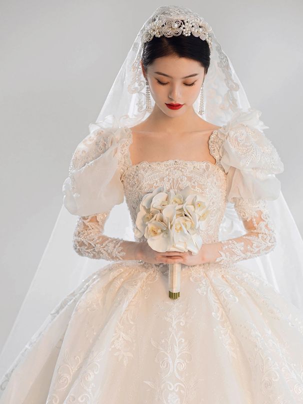 Fengxi New Style 2025 French Retro Wedding Dress High Quality Long Sleeved Gown with Long Train for Brides Summer Style_ecoleips.com