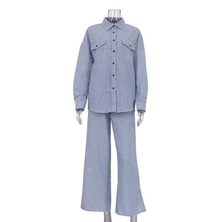 Women's Clothing New Blue Striped Lapel Shirt Long Sleeved Wide Leg Pants Suit Loose Fashion Women's Clothing_ecoleips.com